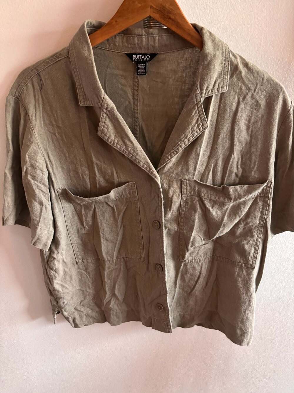 Buffalo David Bitton Green Linen Viscose Short Sleeve Button Up Shirt Size S